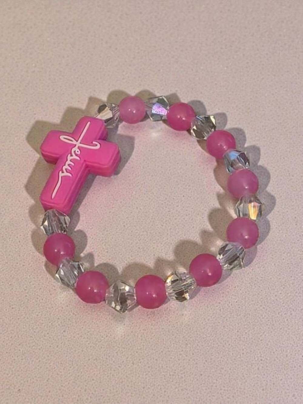Handmade Pink Jesus Cross Beaded Stretch Bracelet